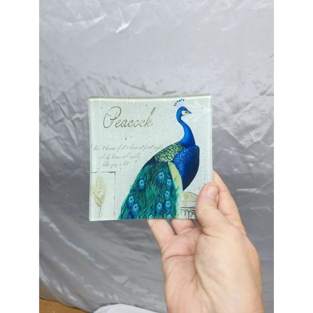 Peacock trinket tray colorful. serene, elegant glass tray